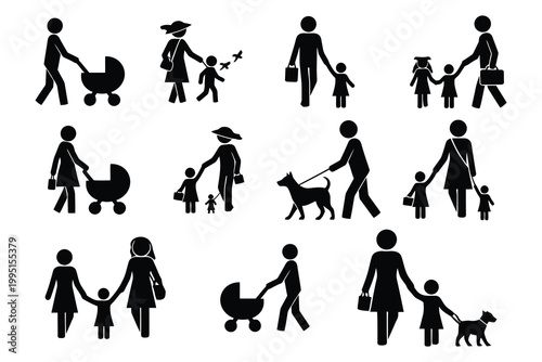 Diverse family silhouettes a collection of people walking together in various configurations