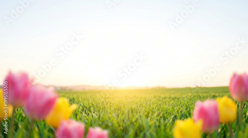 Blurred spring meadow landscape background at dawn. A soft and peaceful backdrop for Mother's Day and nature themes.