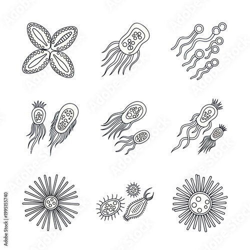 Hand-drawn illustrations of various bacteria and microorganisms on a white background