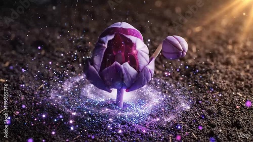 Purple flower blooming with cosmic light in dark soil background  