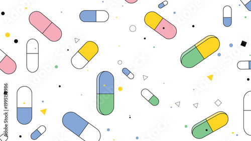 Seamless pattern of colorful pills and capsules on white background