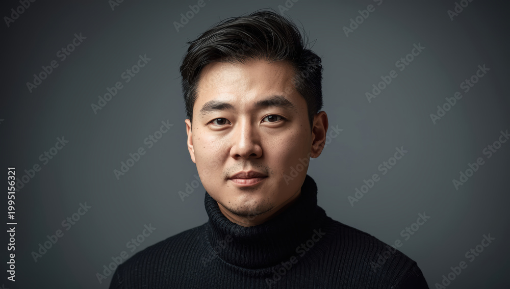 Fototapeta premium Young man portrait in studio wearing black turtleneck, soft neutral expression