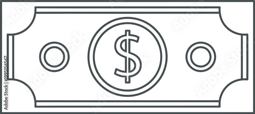 Linear Dollar Bill Icon, Outline Illustration of Paper Currency Banknote for Financial Transactions, Banking, and Wealth Concepts on White Background