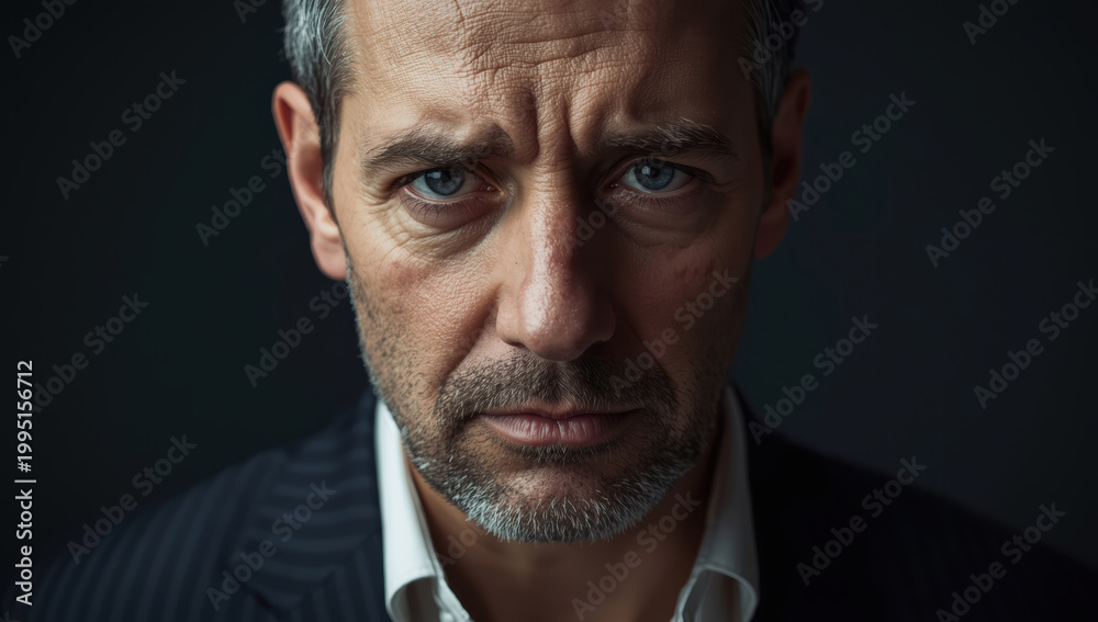 Obraz premium Introspective serious middle aged man with focused gaze and subtle tension