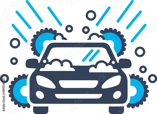 Automatic Car Wash Service Icon with Brushes and Soap Suds, Professional Automotive Cleaning and Maintenance Vector Illustration