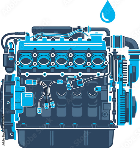 Detailed Internal Combustion Engine Illustration with Oil Drop Icon for Automotive Lubrication and Service Manuals
