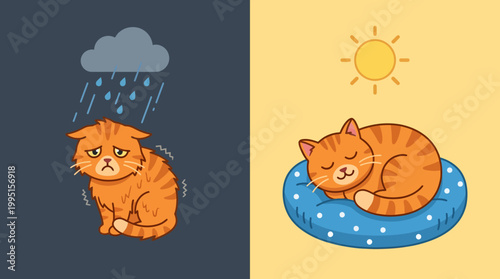 Split illustration of a sad and happy orange tabby cat in contrasting weather.