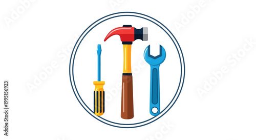 Set of colorful hand tools including a red and yellow hammer, blue screwdriver with yellow handle, and adjustable blue wrench, arranged inside a circular frame with blue outline