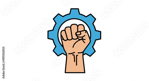 Powerful clenched fist raised triumphantly in front of a bold blue cogwheel symbolizing industry, labor, solidarity, and the strength of collective effort in a simple graphic style.