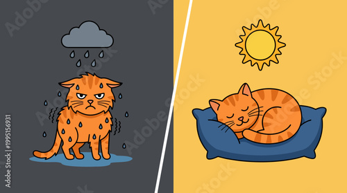 Two-panel illustration of a cat showing contrasting moods.