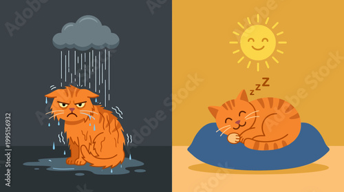 Contrasting moods of a grumpy wet cat and a content sleeping cat.