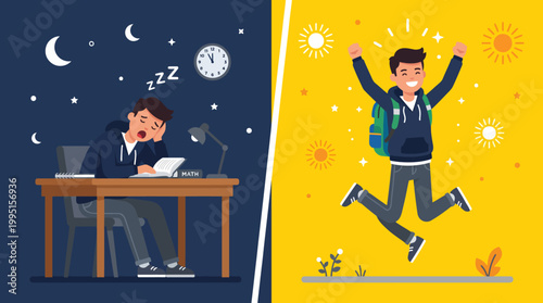 Split-panel illustration of exhausted student and joyful successful young professional celebrating success.