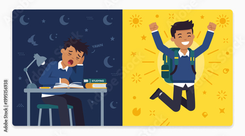 Split illustration of a stressed student studying and a joyful student celebrating success.