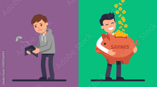 Side by side cartoon showing empty wallet and overflowing piggy bank illustrating financial contrast and emotions.