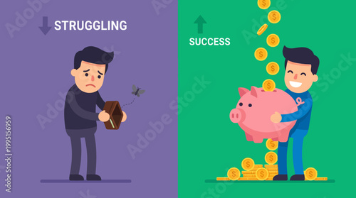Obraz na plátne Dual illustration showing financial struggle and savings success.