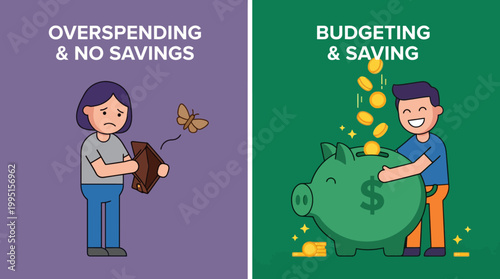 Illustrated comparison of overspending versus budgeting and saving habits.