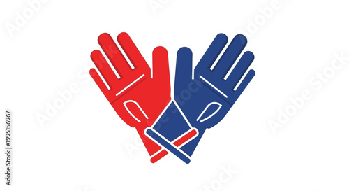 Vibrant red and blue work gloves, symbolizing protection and partnership, presented in a clean, modern graphic with bold outlines on a white background, suitable for safety and labor concept