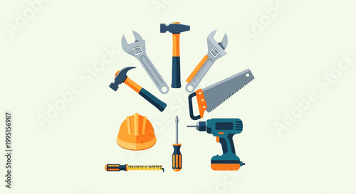 Arrangement of colorful construction and DIY tools including a hammer, wrench, saw, drill, screwdriver, tape measure, and hard hat, presented in a radial pattern on a pale background.