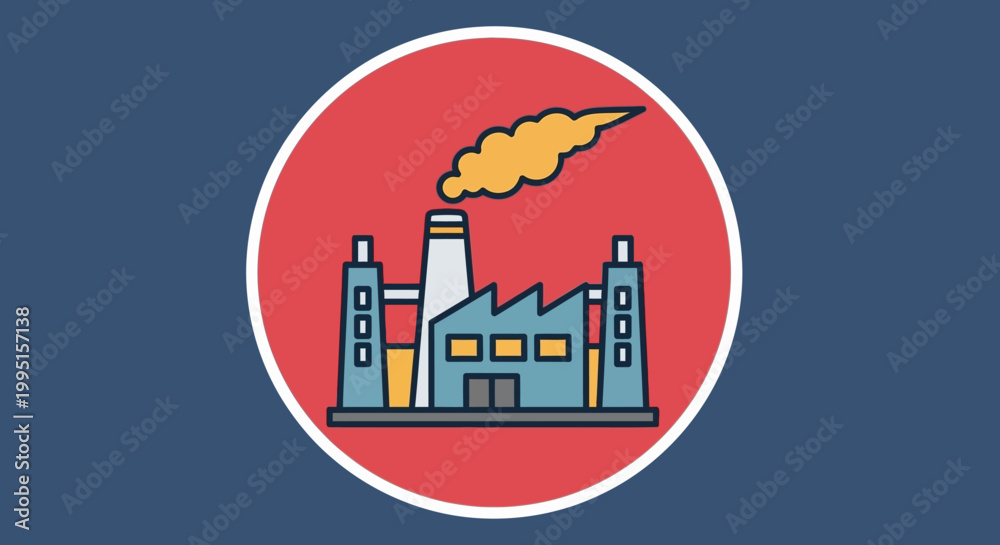 Fototapeta premium Flat design factory icon with chimney emitting orange smoke plume against a red circle on a blue background, symbolizing industry, production, and pollution.