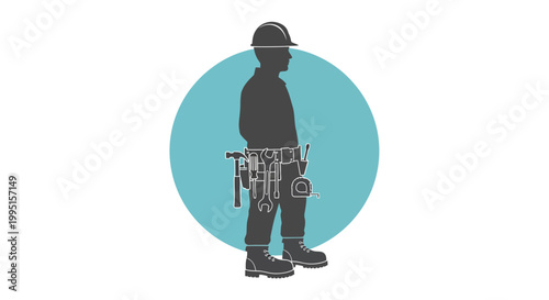 Silhouette of a construction worker in a hard hat and tool belt filled with various implements, set against a vibrant teal circle, minimalist graphic.