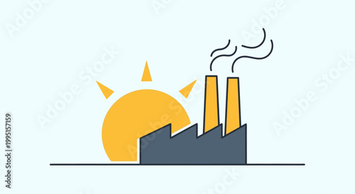 Modern factory silhouette with smoke plumes rising against a vibrant sunrise in a clean, minimalist flat design style