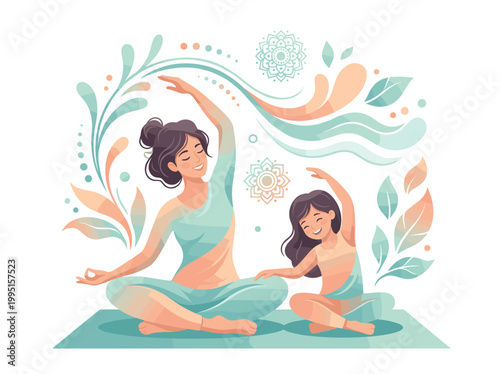 A vector illustration of a mother and daughter practicing yoga together in a serene and peaceful environment