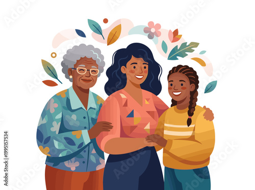 A colorful vector illustration of three generations of women standing together in harmony