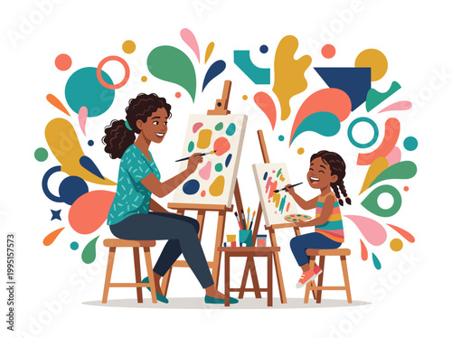 A colorful illustration of a woman and a girl painting together in a creative art studio