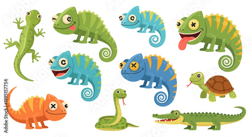 Cute Cartoon Reptiles Collection: Chameleons, Lizard, Turtle, Snake, Alligator