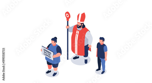 Isometric Illustration of a Religious Leader with Followers, Holding Staff.