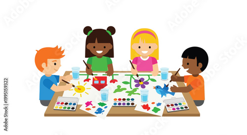 Four diverse children sit around a large table, happily painting a colorful mural filled with suns, houses, flowers, and a little blue bird.