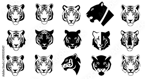 Abstract Tiger Head Silhouette Collection Big Cat Logo Vector Illustration Set