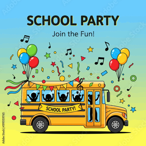 School Bus Party Celebration with Balloons, Confetti, and Happy Students