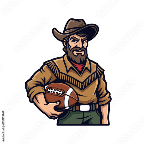 Rugby Cowboy Holding Ball, American Football Player Cowboy Mascot
