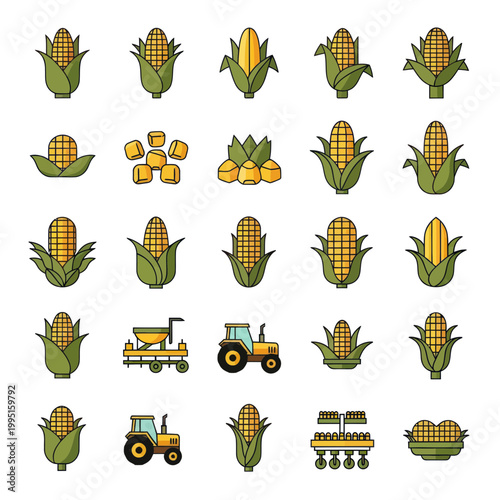 Corn Icons Set: Harvest, Farming, Agriculture, Food & Machinery