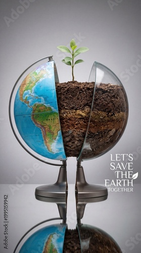 Globe split in half, showcasing soil and a growing plant, symbolizing environmental conservation