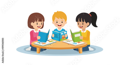 Three happy young children are sitting around a small wooden table, enjoying reading colorful picture books together on a blue rug.