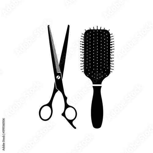 Solid black silhouettes of open hairdressing scissors and a paddle brush placed side-by-side on a plain white background, minimalist graphic design concept