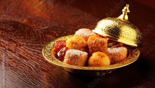 Golden bowl of Turkish delight on wooden table.