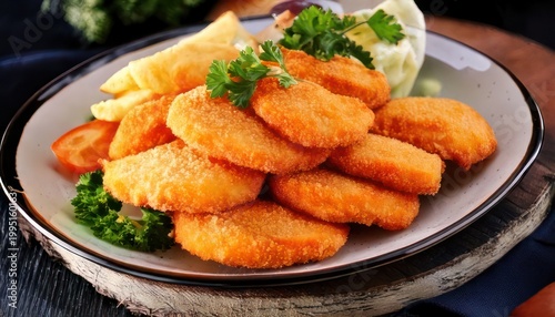 Golden Chicken Nuggets with Fries and Parsley Garnish.