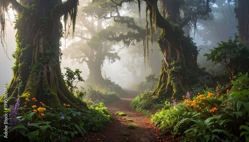 Mystical path winding through an ancient, foggy forest with mossy trees and vibrant wildflowers