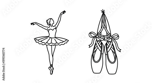 A graceful ballerina and pointe shoes depicted in a striking silhouette