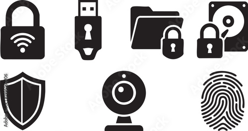 Cybersecurity, Data Protection and Digital Privacy Silhouette Icon Set Vector Illustration