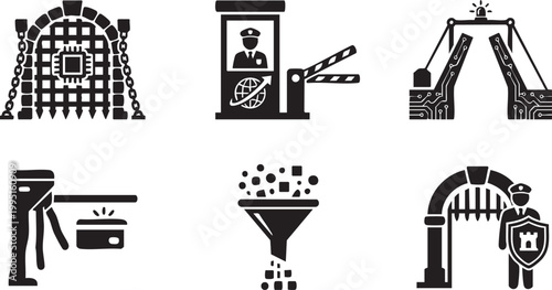 Secure Access Gateways and Network Traffic Filtering Symbols Zero Trust Architecture ZTA Solid Black Vector Silhouette Icon Set