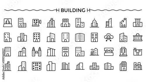 Architecture Building Icons Set: Urban Cityscape Skyscrapers and Residential Real Estate Line Art for Construction and Urban Planning