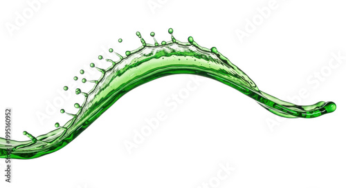 a dynamic splash of translucent, glossy emerald green syrup frozen mid-air, showing numerous spherical droplets against a transparent background, elegant commercial advertising shot