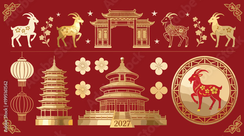 2027 Chinese New Year Golden Line Art Assets with Goat Zodiac and Famous Temples