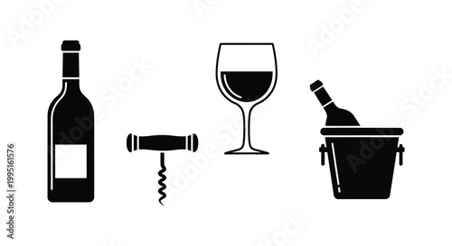 Wine accessories including bottle glass and cooler a black silhouette