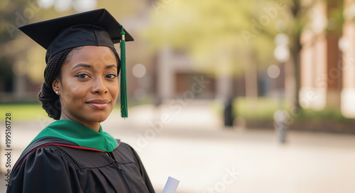 Portrait of a young Black woman in a graduation gown and cap holding a diploma. African American female student on a university campus. Academic achievement concept. Copy space for text