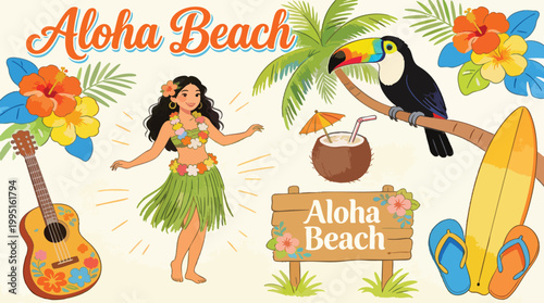 Aloha Beach Tropical Vector Set with Hula Dancer Toucan Hibiscus and Ukulele